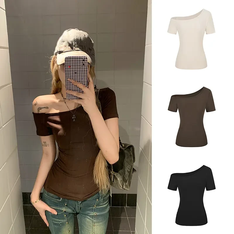 性感辣妹斜肩短袖T恤女2025夏季新款体恤气质修身显瘦短款上衣服