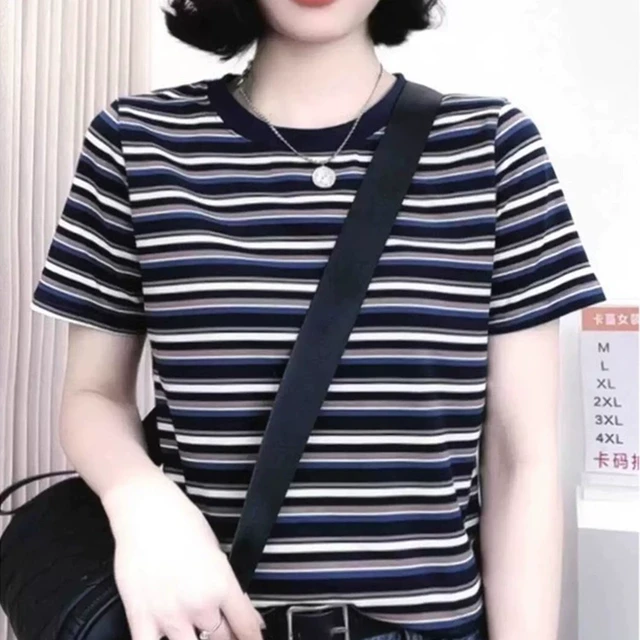 棉正肩条纹短袖t恤女夏装2025新款宽松显瘦遮肚子休闲体恤上衣
