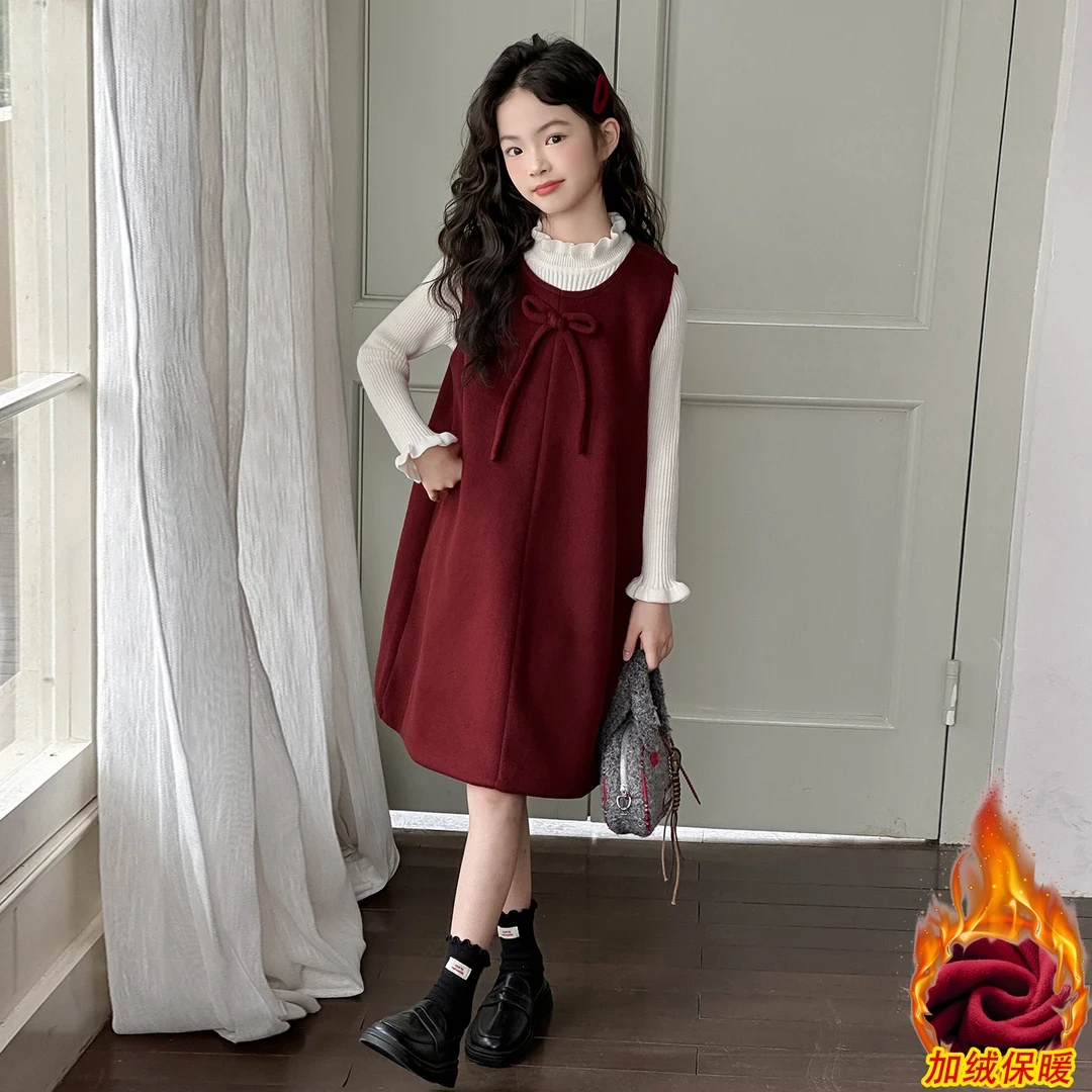 小女孩红色加厚年服连衣裙冬款女童加绒毛呢背心裙新年套装裙子潮