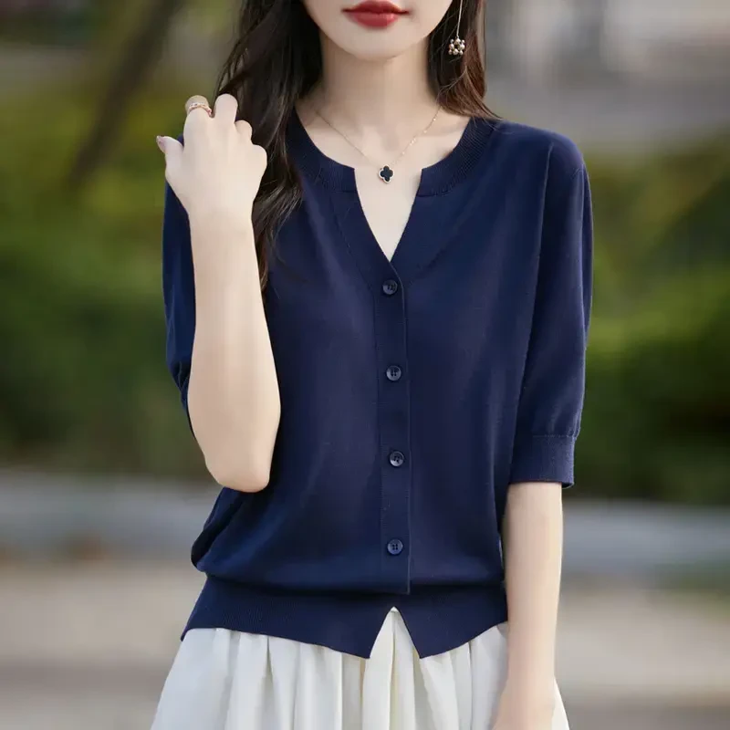 【品质严选】夏季新款100%莱赛尔天丝  V领薄款洋气短袖开衫上衣女