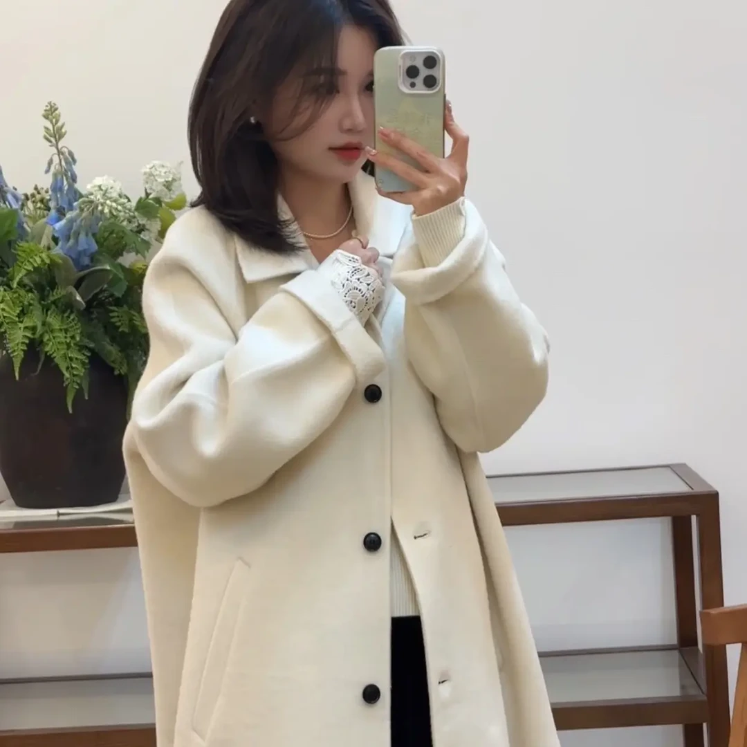 婳婳同款秋冬新款韩系复古翻领双面羊绒中长款羊绒大衣外套女