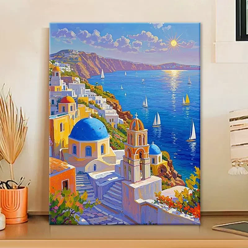 圣托里尼 diy数字油画2024新款丙烯画手工填充风景填色丙烯油彩画