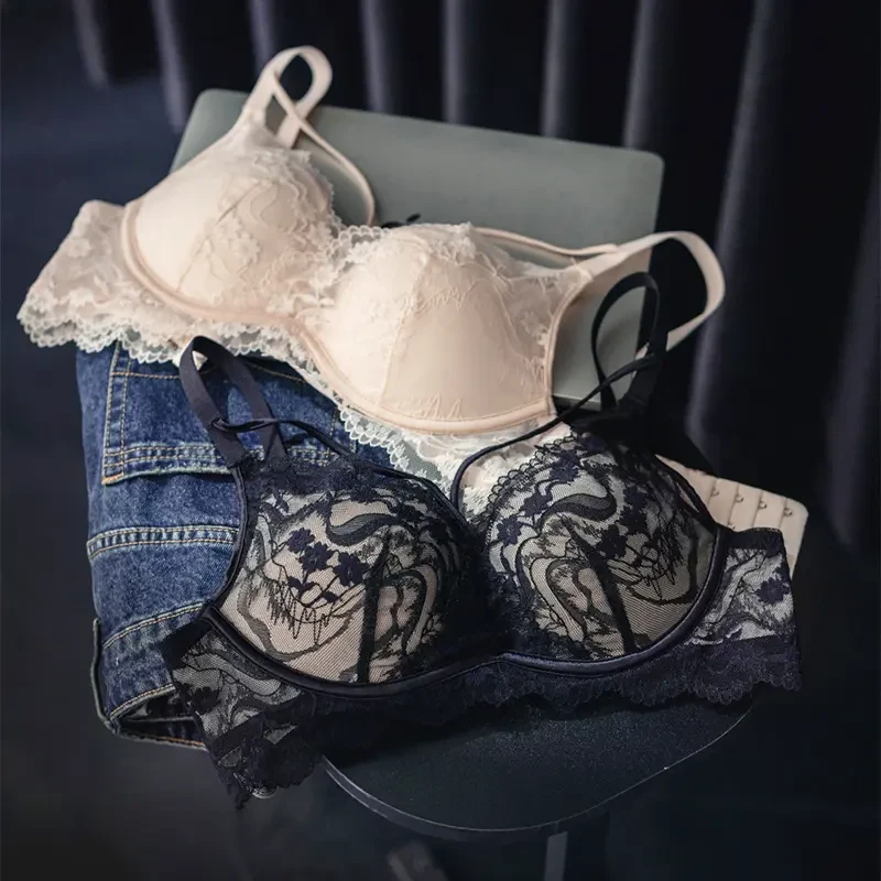 聚拢狐狸小胸上托聚拢内衣女士无钢圈性感夏季透气蕾丝法式文胸罩