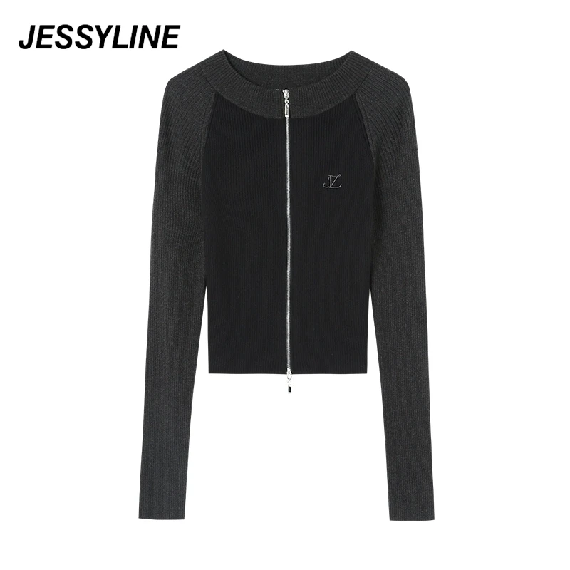 jessyline2025早春新款 杰茜莱拼色修身针织开衫女 432204130