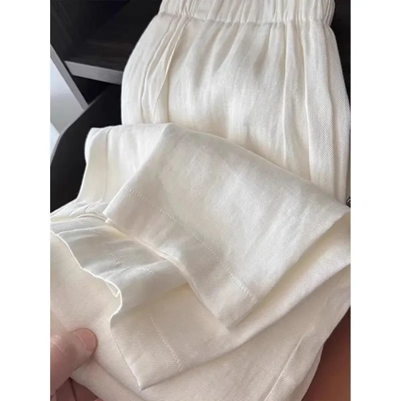 高级感白色棉麻阔腿裤男夏季薄款宽松慵懒垂感高腰直筒裤休闲裤子