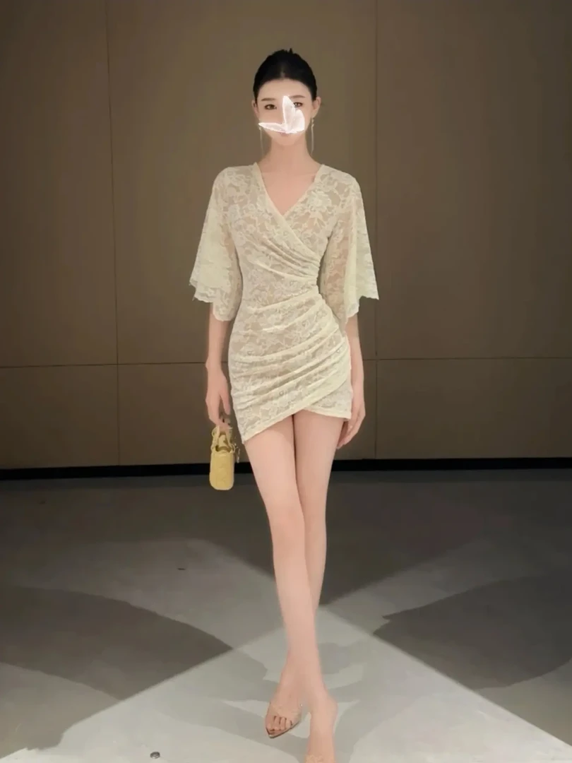 蕾丝拼接气质时尚双层收腰连衣裙设计感蕾丝长裙