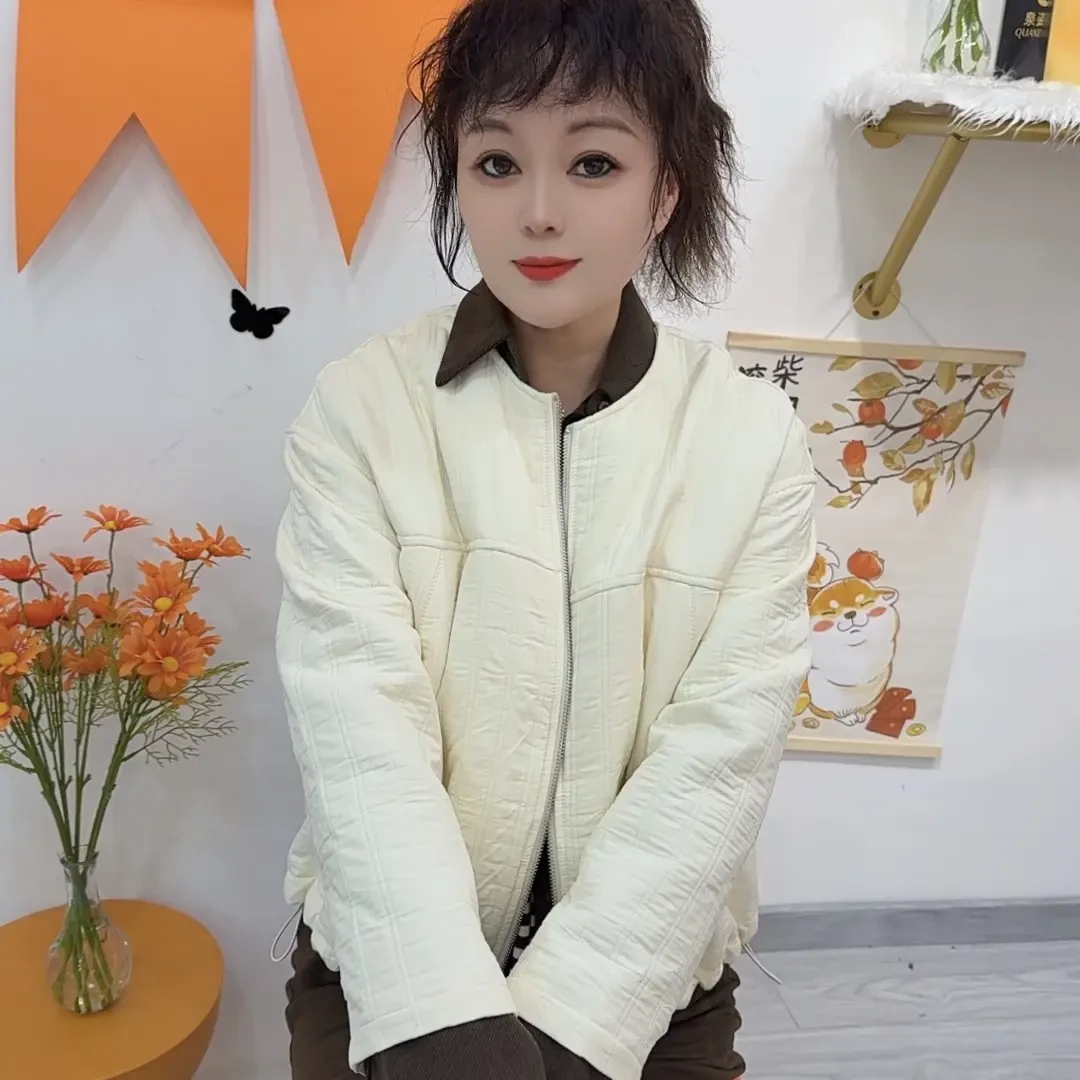 秋季新款宽松翻领假两件撞色轻薄夹克棉服外套女