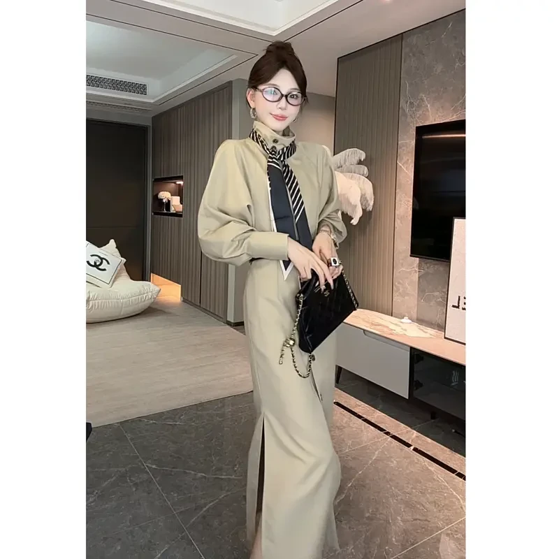 新款高级感立领风衣连衣裙女秋季心机法式宽松长款外套