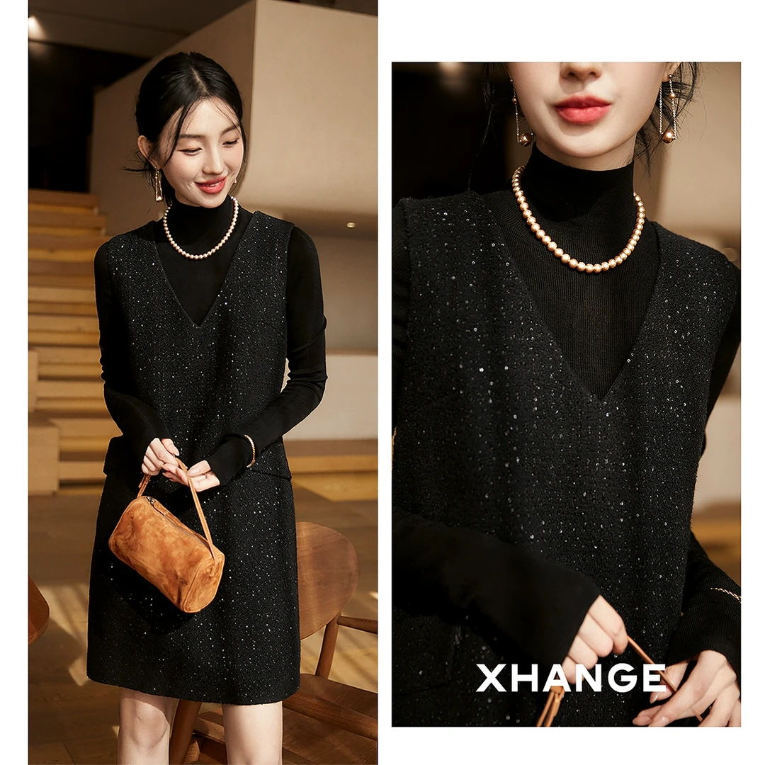 QZV762981VG-"暗夜星辰"香风花呢背心裙 显瘦V领无袖连衣裙
