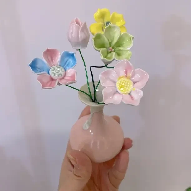 陶瓷花粉色小花瓶一套送闺蜜礼物