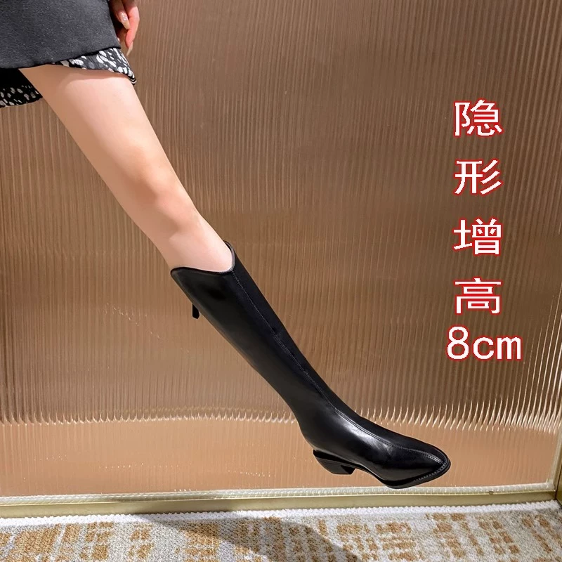 香港真皮内增高长筒靴女2025新款秋冬季加绒V口尖头高筒骑士靴子