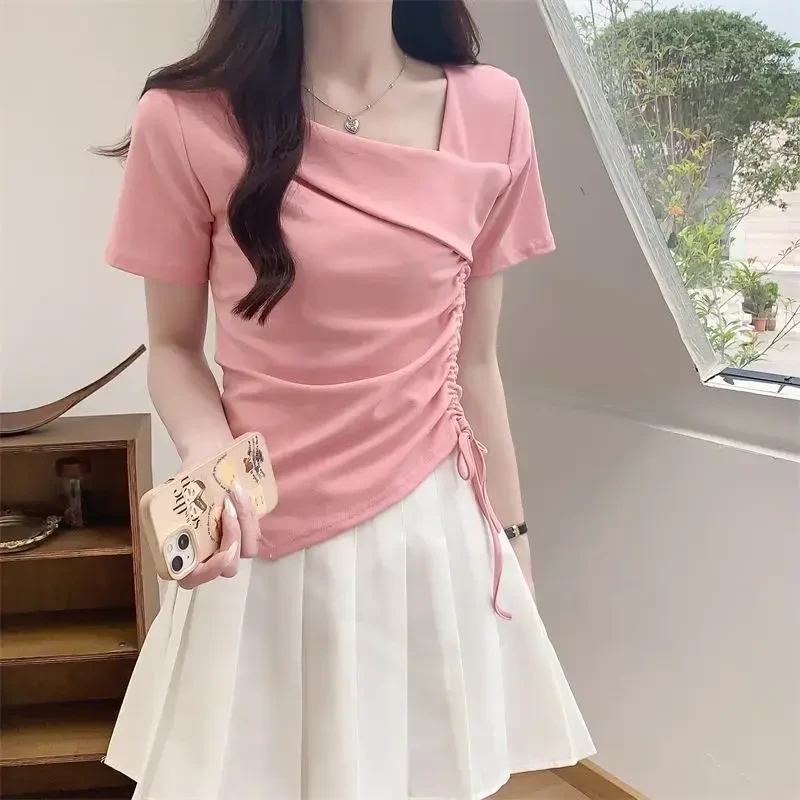 啄木鸟不规则斜领正肩抽绳辣妹短袖t恤新款纯棉设计感显瘦上衣女