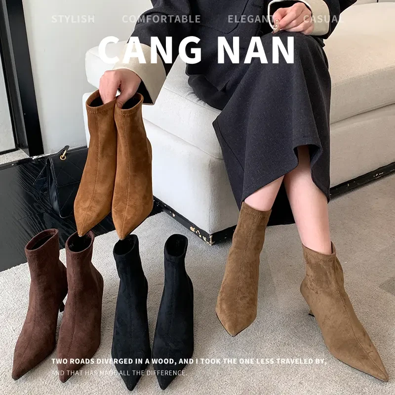 气质网红短靴女2025新款冬季百搭细跟尖瘦瘦靴英伦风弹力骑士靴