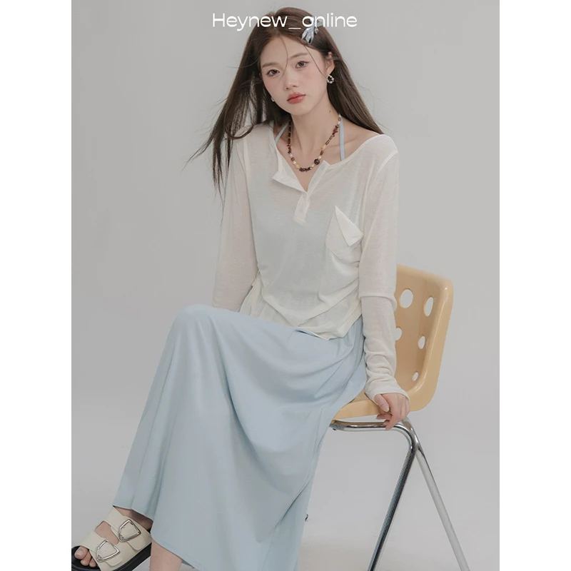 【年底宠粉福利】纯欲挂脖褶皱罩衫吊带连衣裙-4C1347