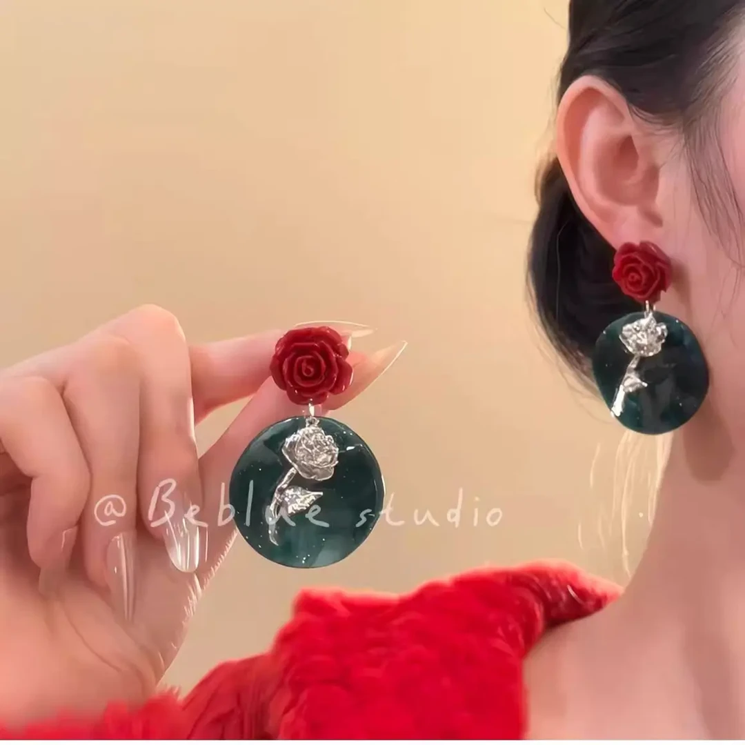 铜合金亚克力耳饰 新中式红绿撞色玫瑰耳钉复古高级耳环百搭耳饰