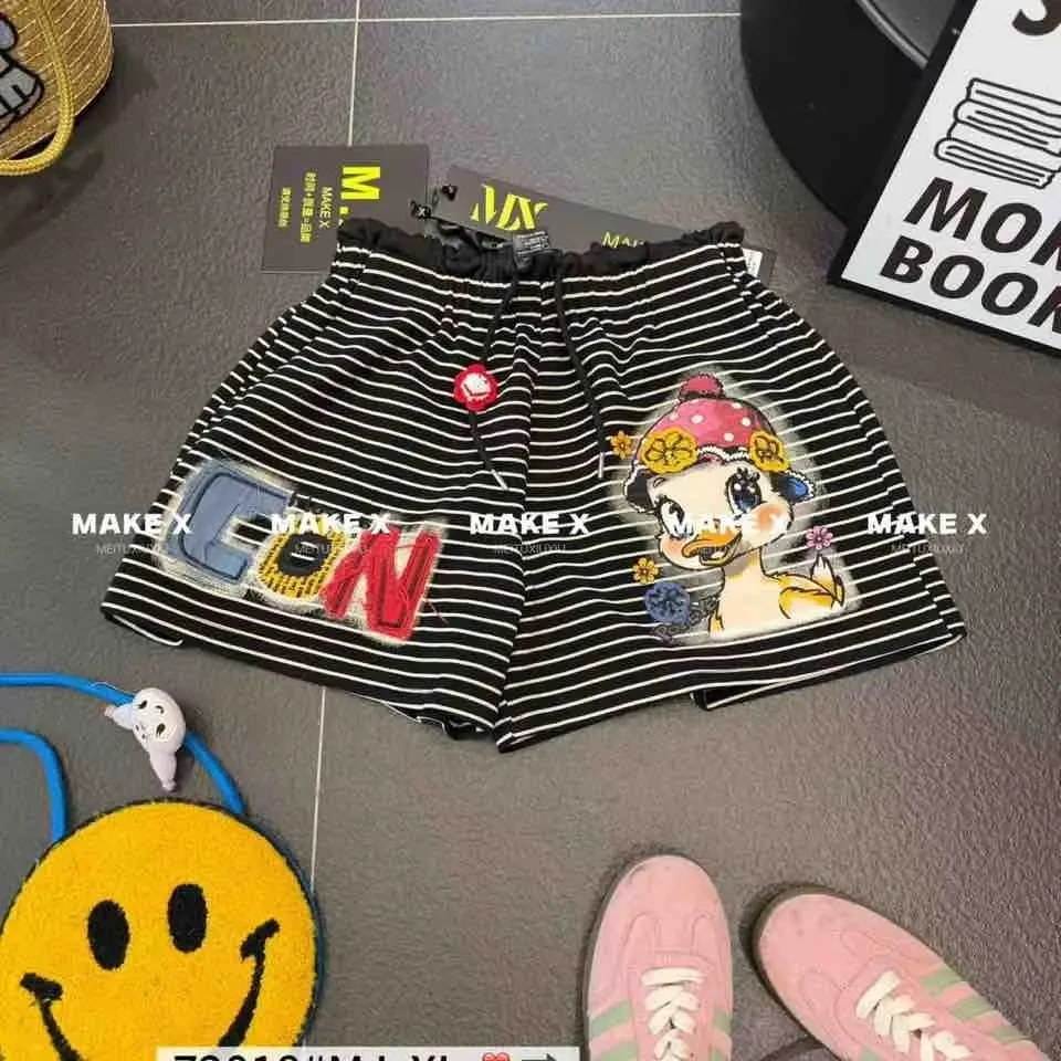 MX7洋气新款重工条纹唐老鸭印花休闲百搭宽松显瘦短裤女装高腰