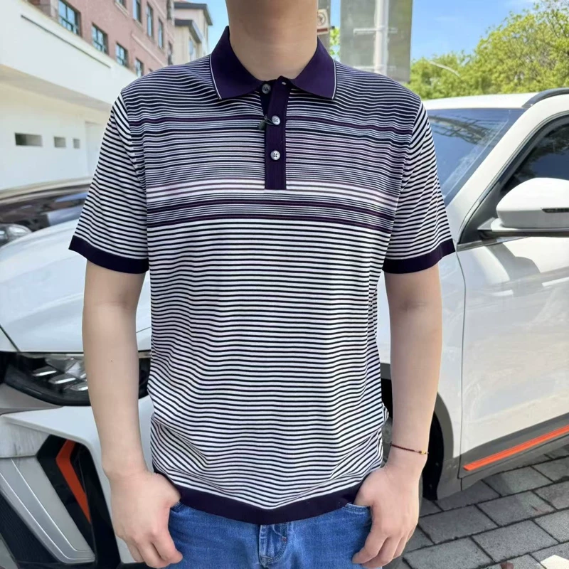 HT812 棉75.4% 桑蚕丝24.6% 2025年夏季新款男士翻领短袖T恤帅气