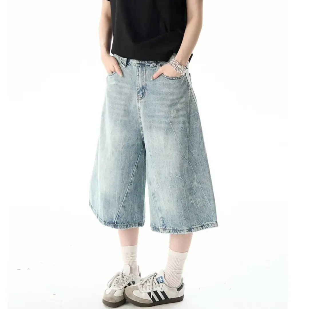 美式潮牌夏季新款牛仔七分裤男水洗做旧宽松运动裤潮流百搭短裤子