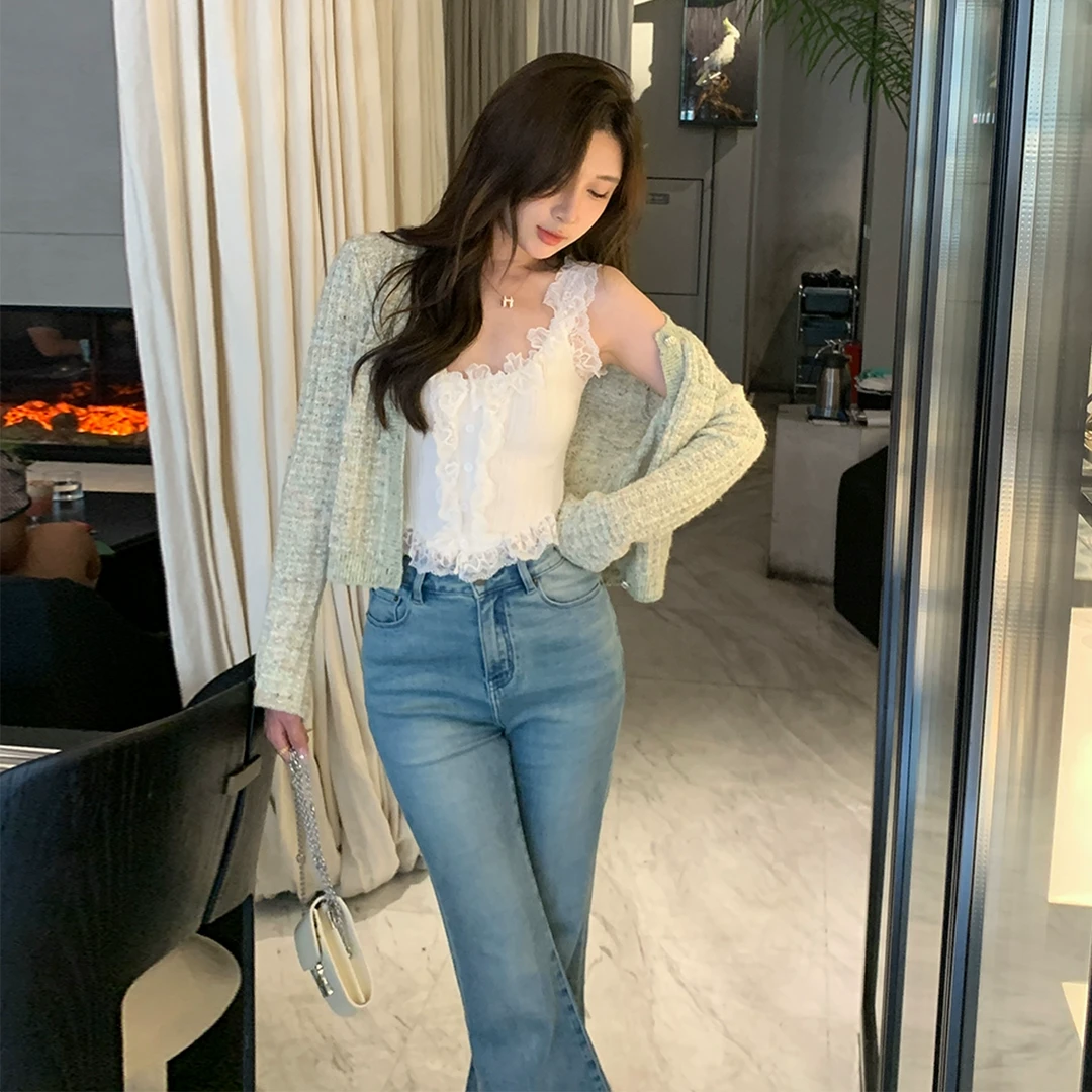 大也池△花色圆领单排扣针织开衫修身口袋小香风外套气质上衣秋