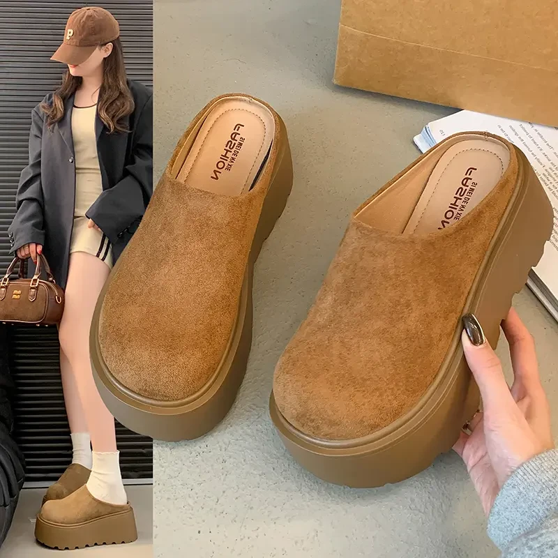 7cm厚底单里 半拖鞋女外穿2025年新款春款小个子增高一脚蹬勃肯鞋