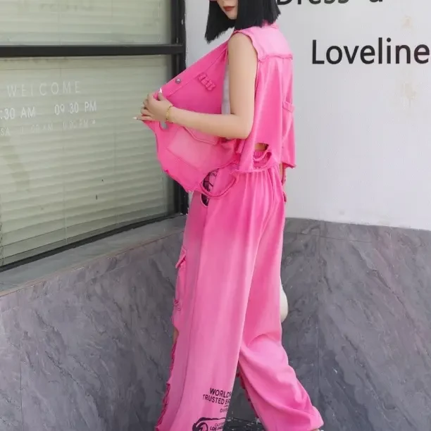 粉色设计感休闲工装牛仔裤高腰直筒小矮个子穿搭套装