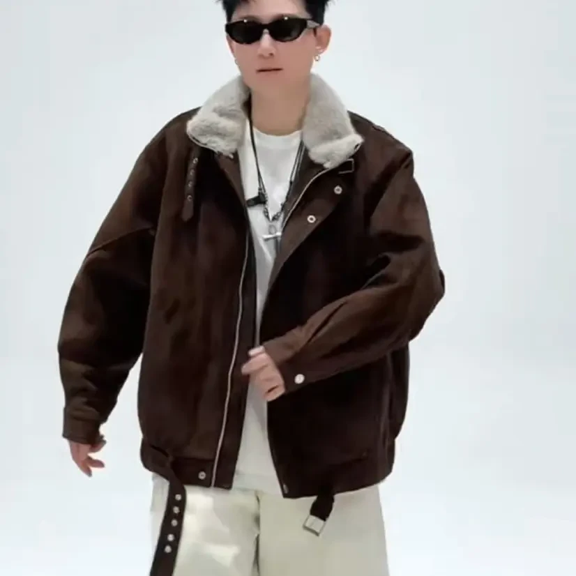 美式潮牌加绒加厚皮夹克男冬季宽松休闲痞帅风连帽外套