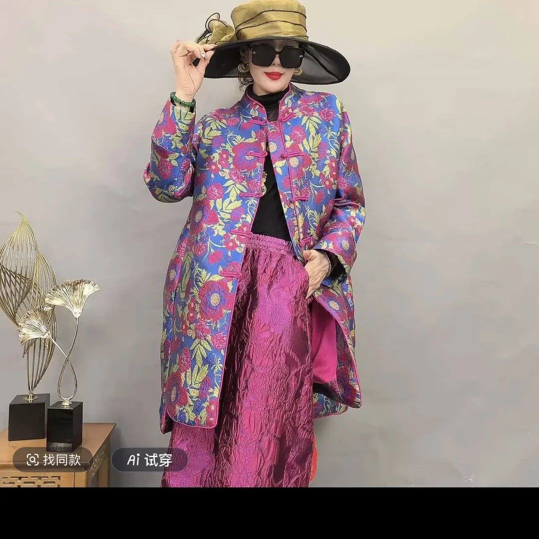 立领时尚新中式女士潮流风衣插肩袖外套花色透气