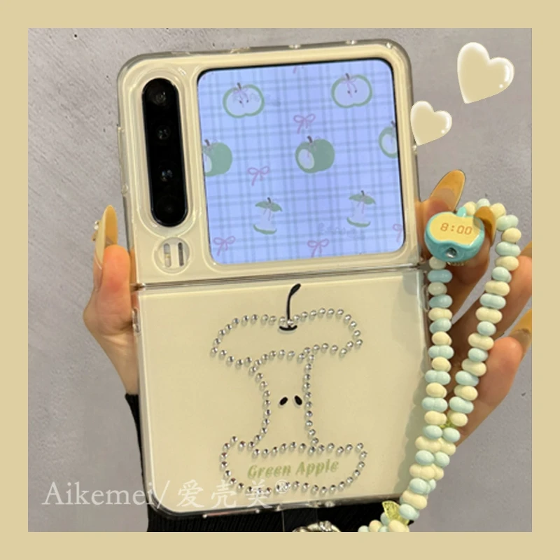 适用华为PuraX折叠屏手机壳立体闪钻苹果核pocket2磁吸支架链条女