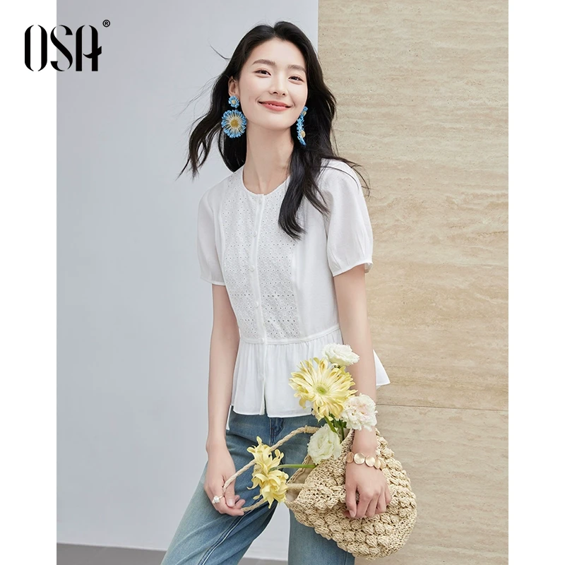 【云朵小衫】OSA法式镂空拼接短袖衬衫女夏减龄别致上衣S125B12007