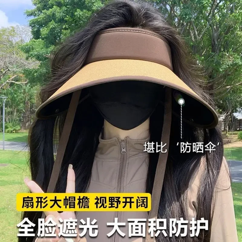 加大帽檐遮阳帽草编空顶太阳帽子头盔女可折叠防紫外线披肩防