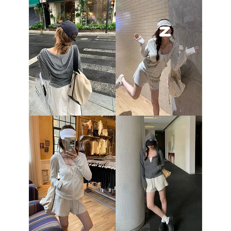 大码胖mm美式复古条纹连帽开衫上衣女夏季薄款修身显瘦拉链外套潮