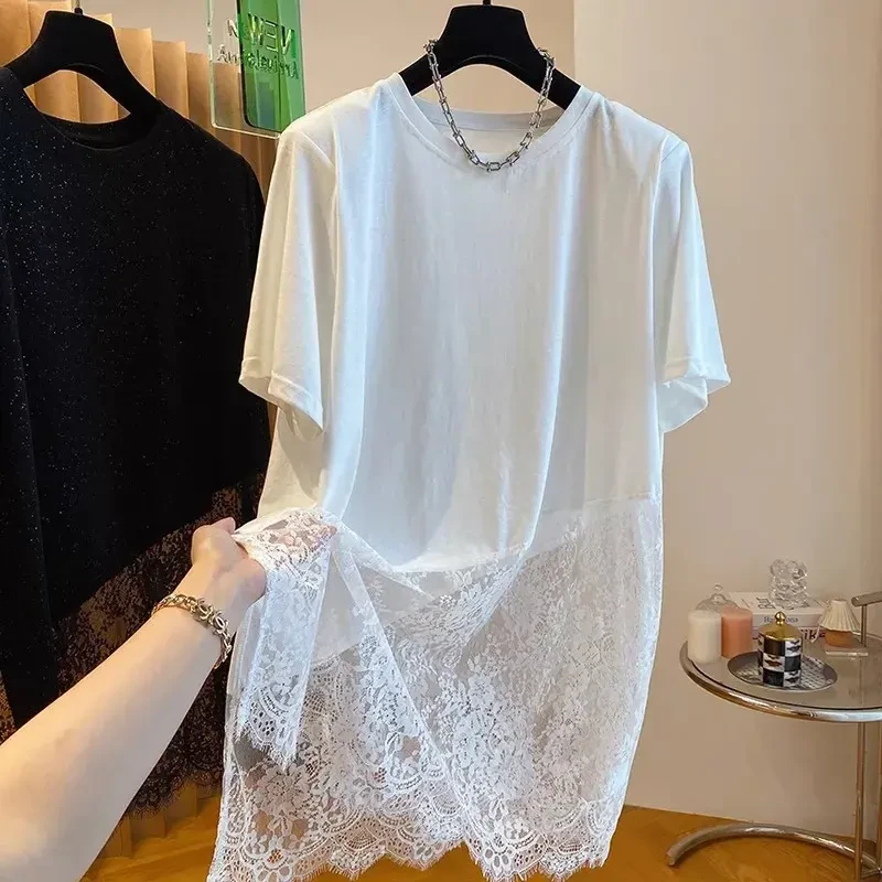 胖mm小众高级感网纱蕾丝拼接T恤女大码短袖夏中长款宽松外穿上衣