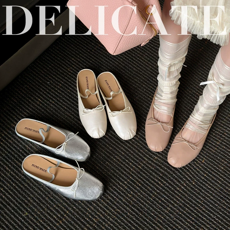 1cm 一字带包头凉拖鞋女一脚蹬懒人鞋蝴蝶结低跟半拖女鞋