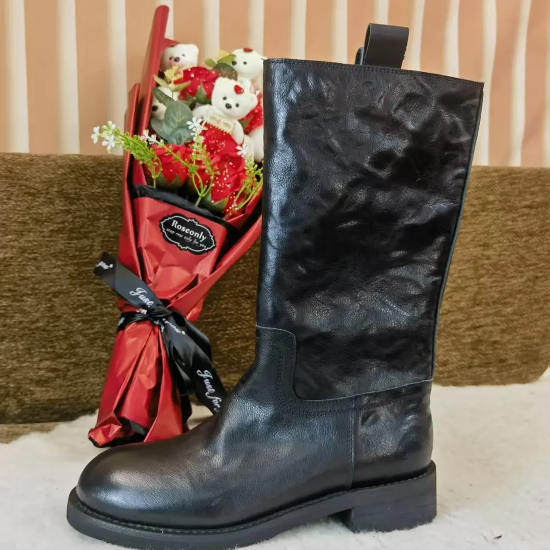 【H】2025时装头层手抓皮秋冬中筒百搭款