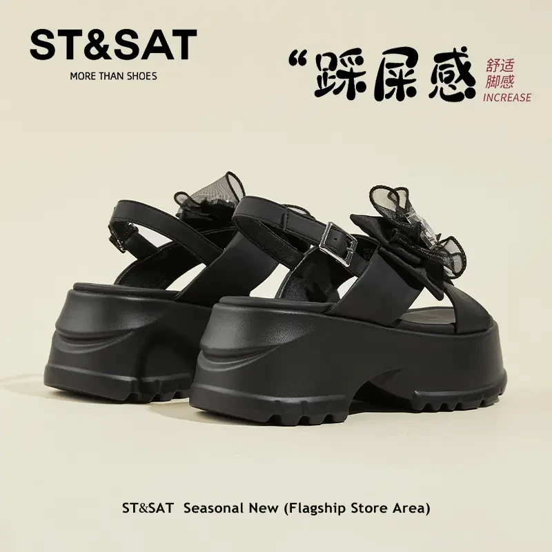 星期六水钻一字带凉鞋女夏季外穿休闲轻奢蝴蝶结配裙子软底罗马鞋