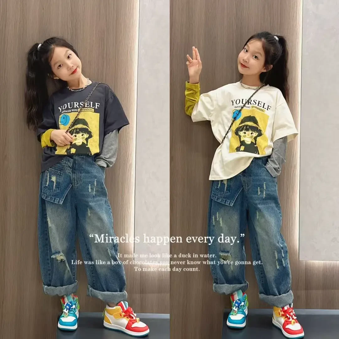 女童春秋款卫衣套装2025新款儿童韩版秋季休闲时尚牛仔裤两件套潮