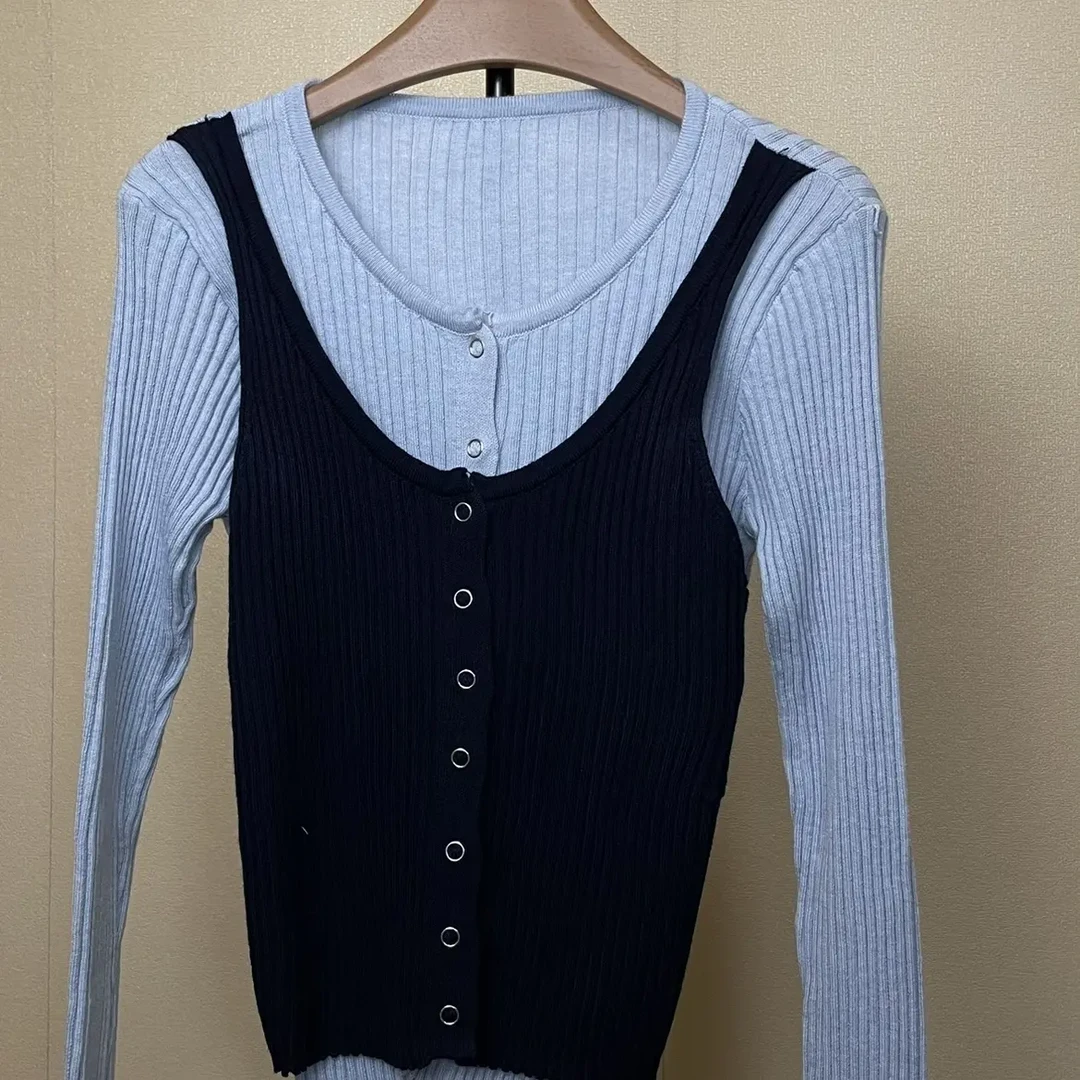 新款秋冬宽松慵懒风撞色假两件针织开衫女加厚上衣