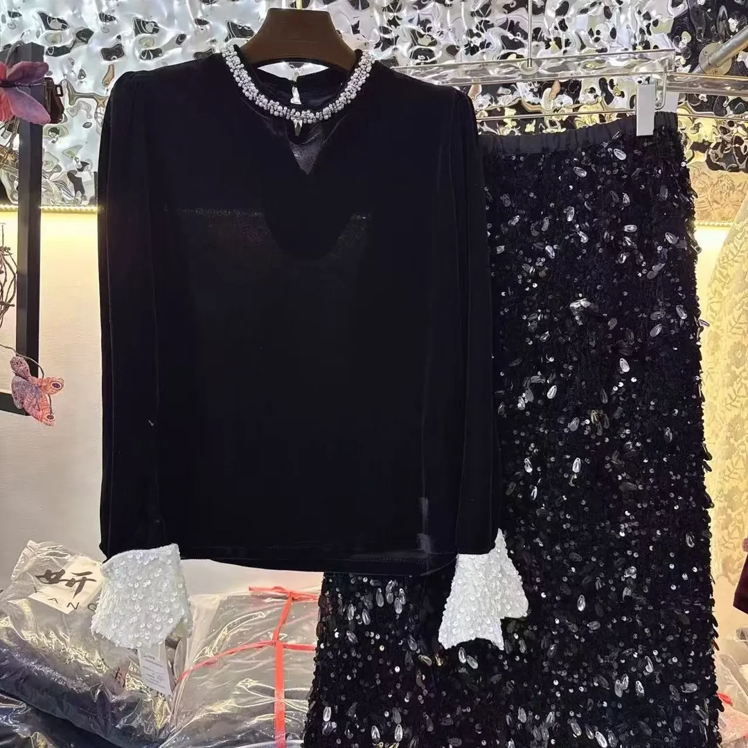 法式名媛风黑色丝绒衬衫秋冬新款镂空设计上衣