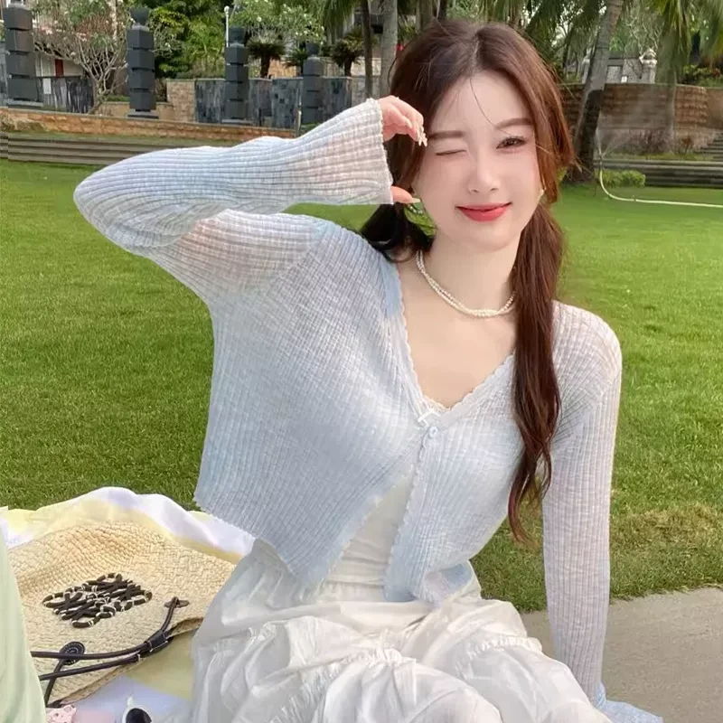 冰丝针织蓝色防晒开衫外搭薄款女夏季吊带裙披肩罩衫防紫外线外套