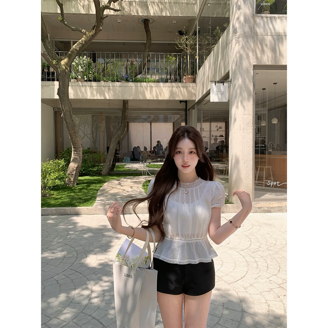 萌萌Ja 罗莉弗羁绊~重工花边塔克线泡泡短袖女t恤温柔上衣搭吊带