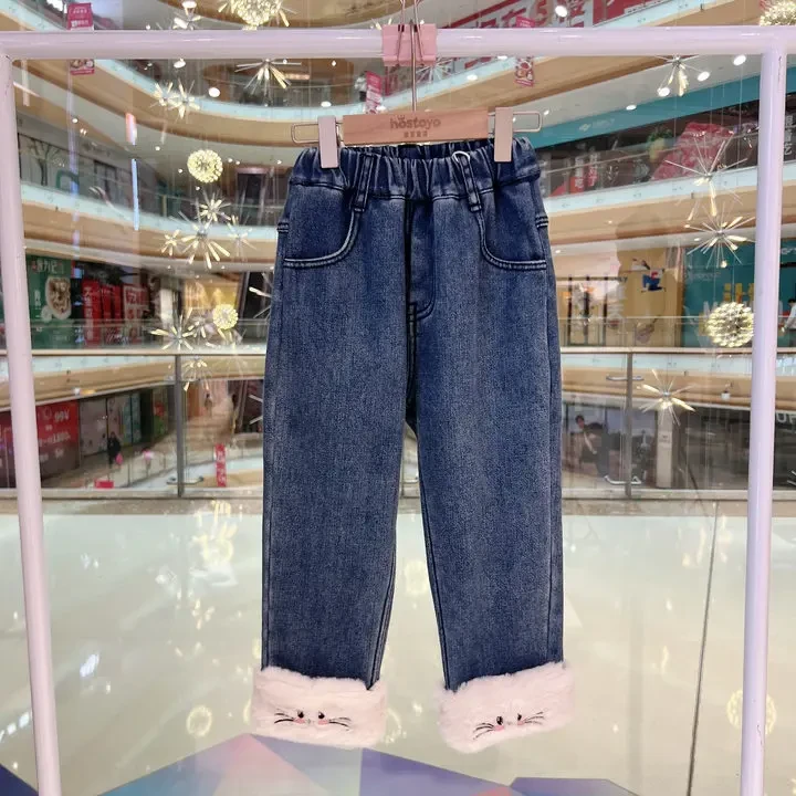 皇室童缘【加绒加厚】2024冬季新品时尚休闲女童兔兔牛仔裤
