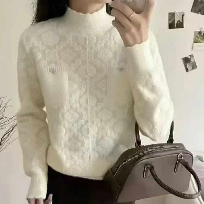 蕾丝拼接保暖针织衫针织打底衫毛针织衫上衣蕾丝圆领