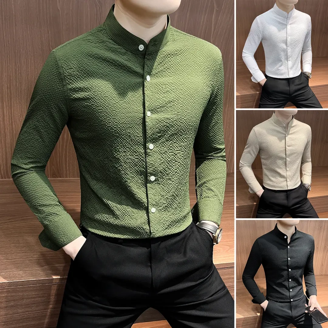 泡泡纱立领男士衬衣2025新款痞帅男装春秋款商务休闲衬衫男款长袖