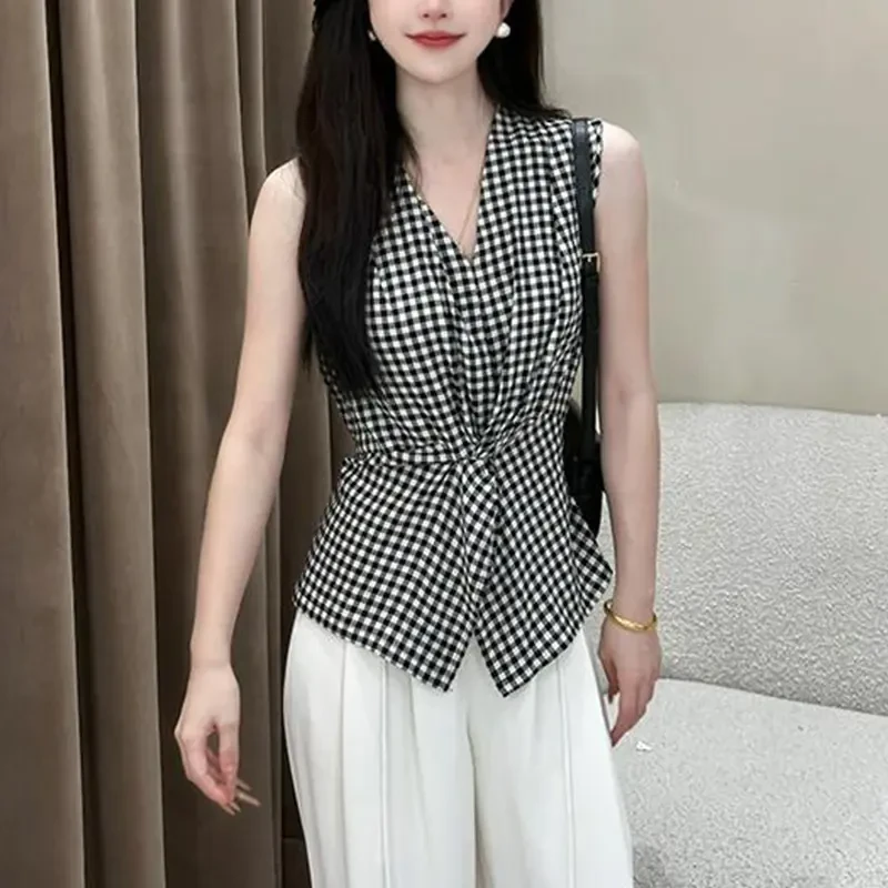 拉夏贝尔法式气质套装黑白格子无袖背心休闲阔腿裤女设计感两件套