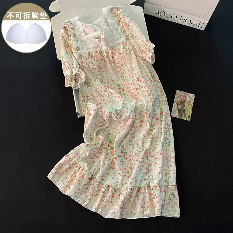 日系风睡裙女新款夏季方领带胸垫甜美小碎花短袖睡衣小个子家居服