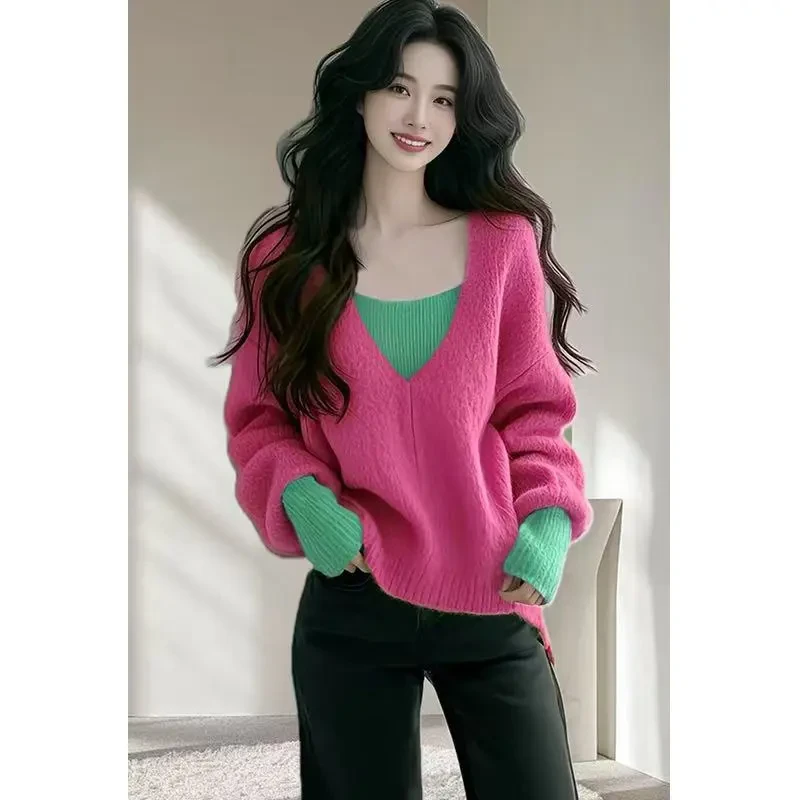 今年流行漂亮慵懒高级感宽松上衣芥末绿色v领假两件针织毛衣女