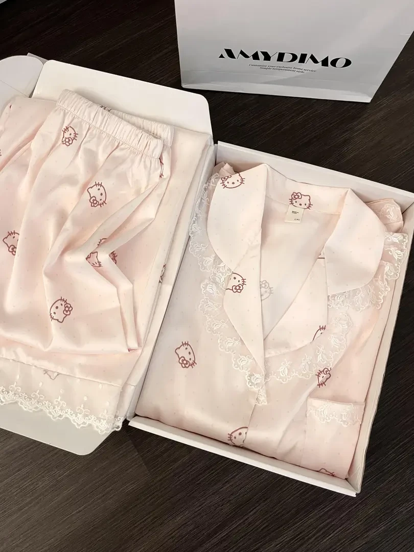 【蕾丝kitty】网红凯蒂猫蕾丝冰丝睡衣女春秋款2025新款套装家居服