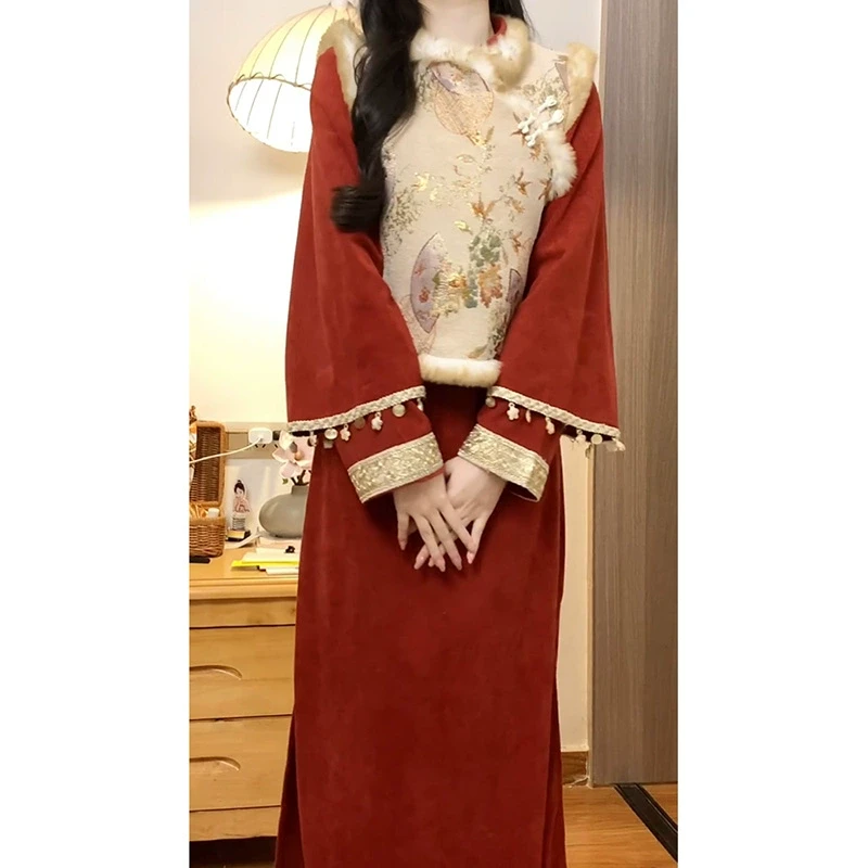 柚伊美2024新中式复古国风改良马甲旗袍裙两件套红色过年连衣裙