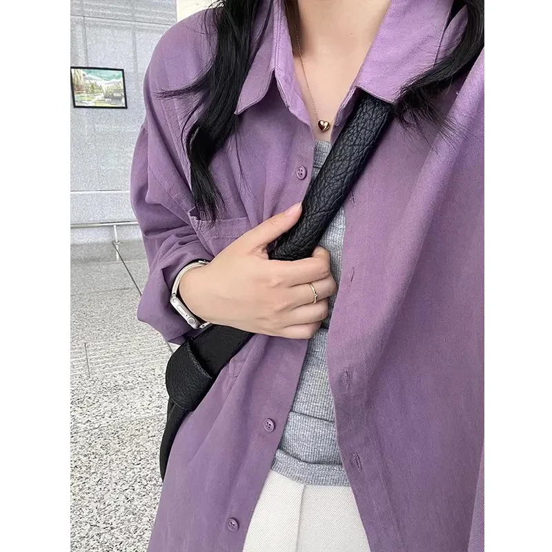 韩系风格穿搭紫色纯棉长袖衬衫男女款设计感宽松休闲气质衬衣外套