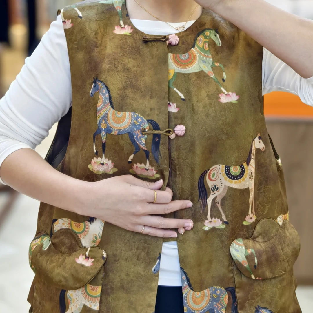 马踏莲花百搭风工字型款马夹提花复古印花